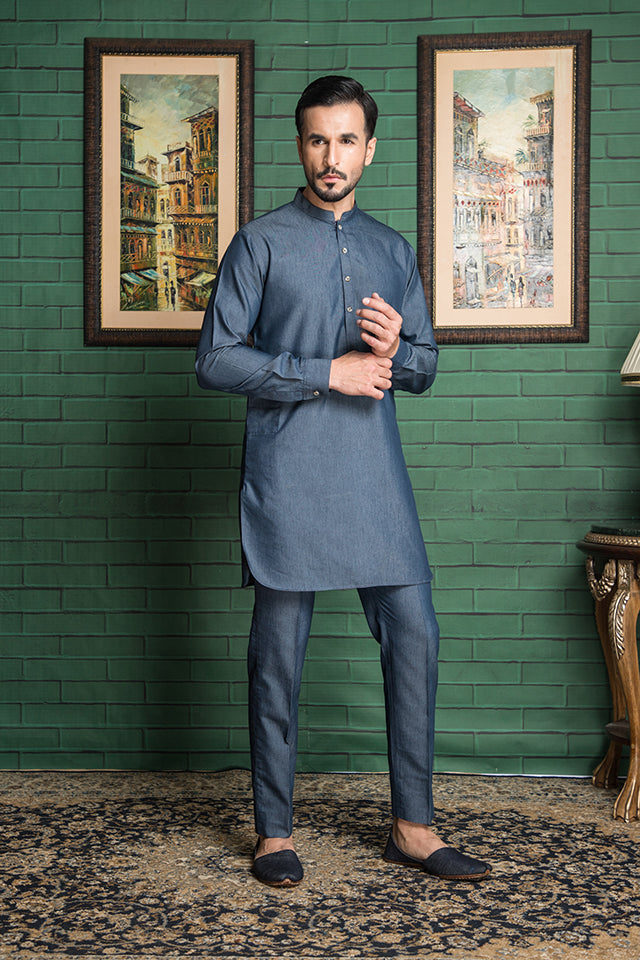 Marine Blue Denim Kurta Trouser Suit