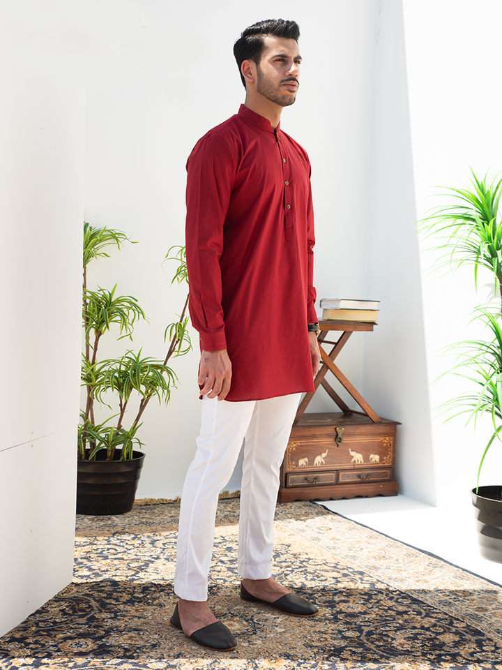 red cotton short kurta for men
