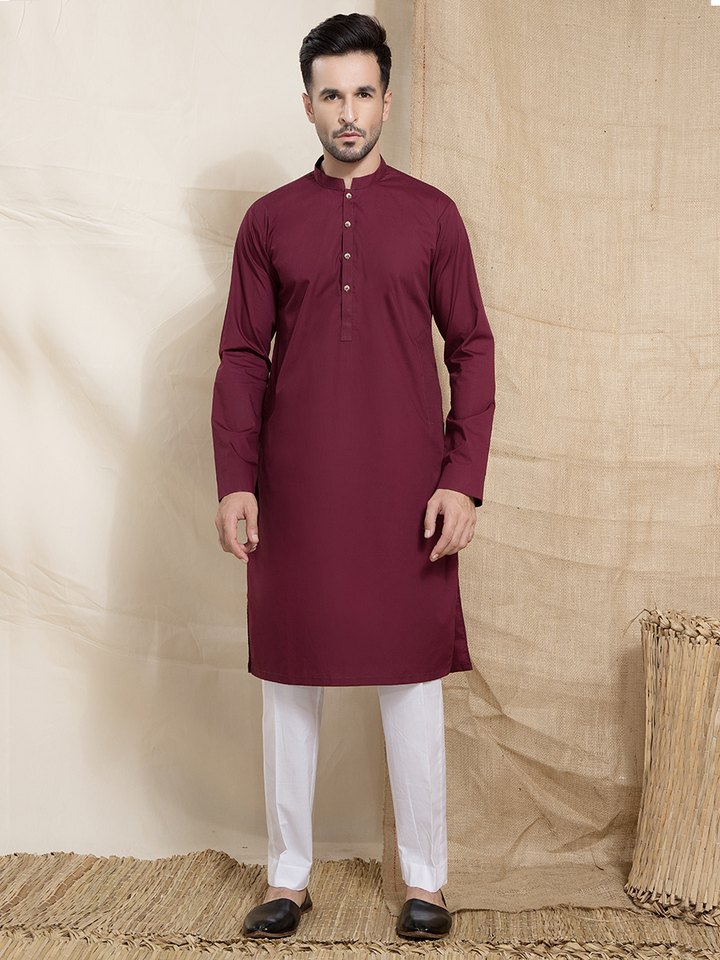 maroon cotton plain kurta for men