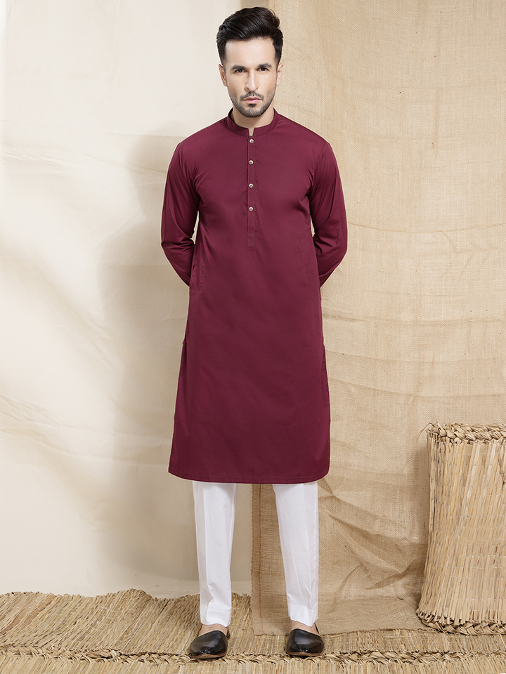 maroon cotton plain kurta for men