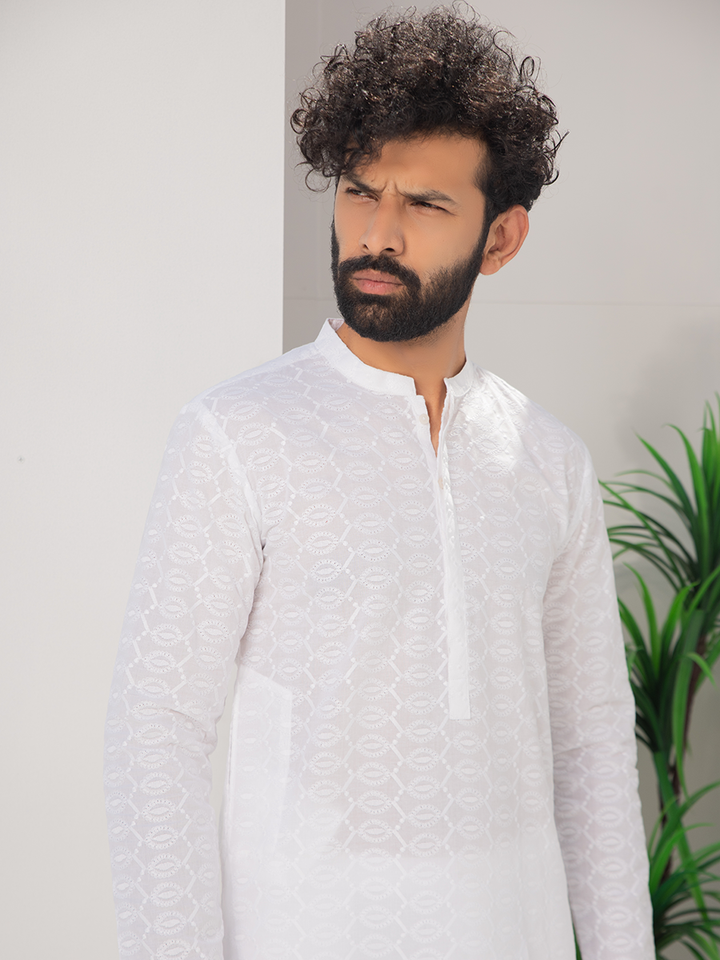 white cotton embroidered kurta for men