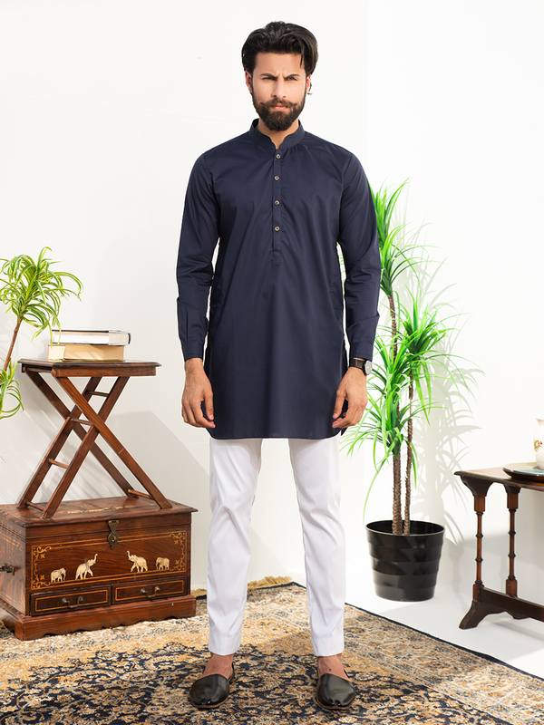 navy blue cotton short kurta for men