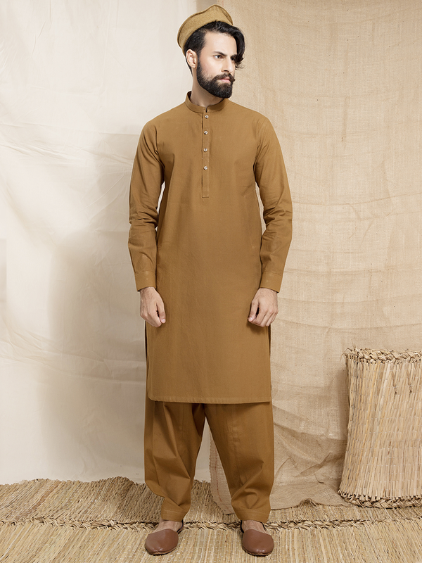 brown khaddi khaddar men stitched suit