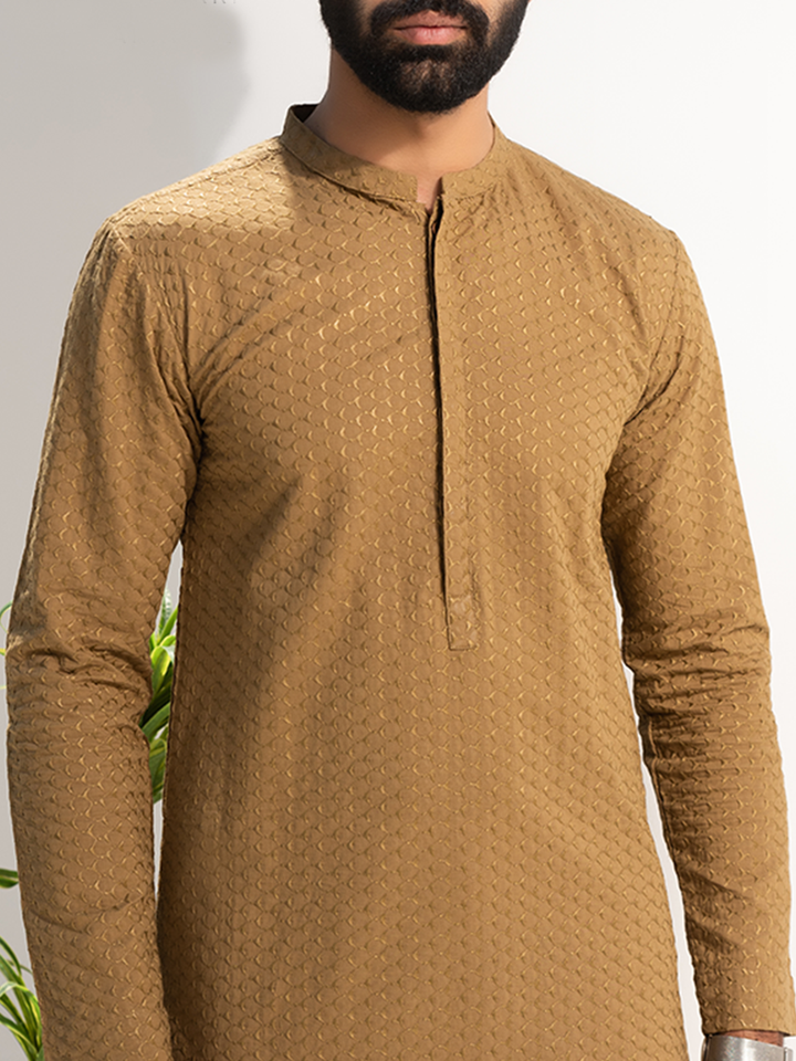 mustard cotton embroidered kurta for men