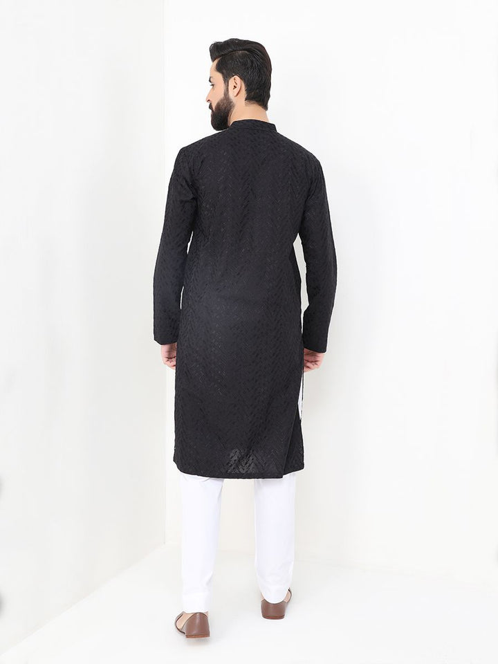 black cotton embroidered kurta for men