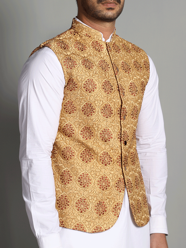 Formal Almond Brown  Embroidered Waistcoat