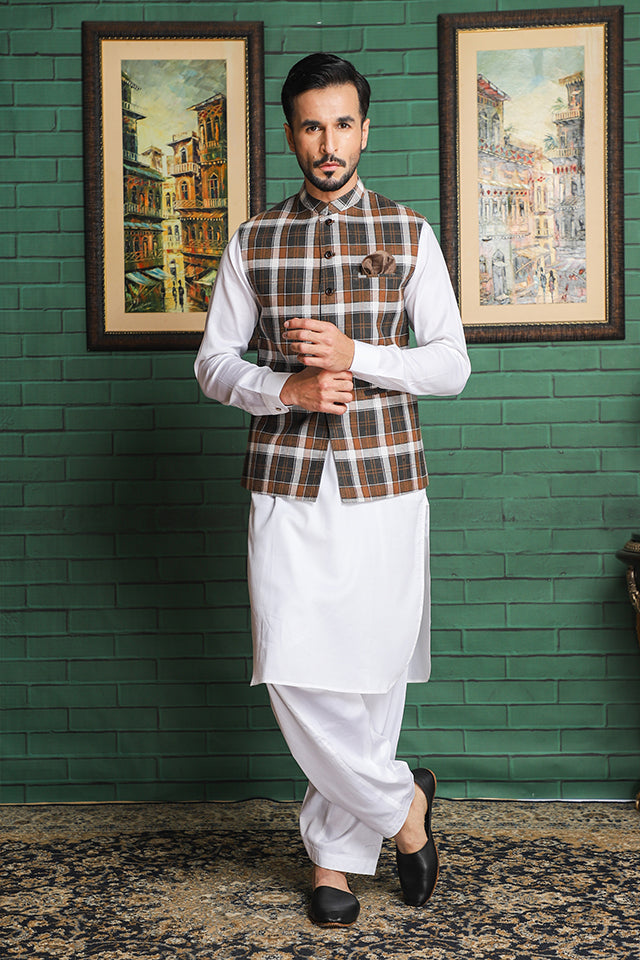 brown textured cotton waistcoat for men