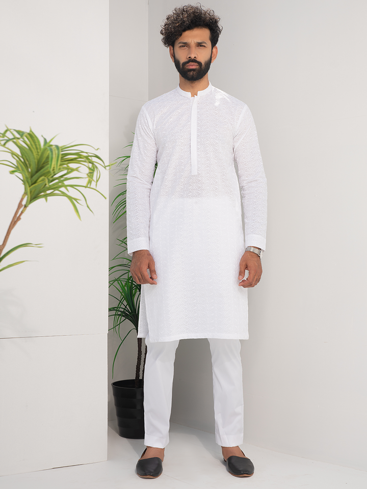 white cotton embroidered kurta for men