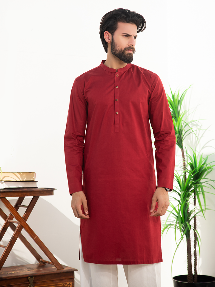 red cotton plain kurta for men